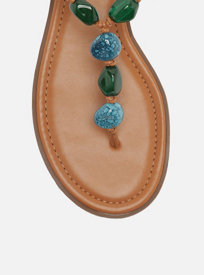 Sandália Rasteira Marrom Slim Pedras Boho