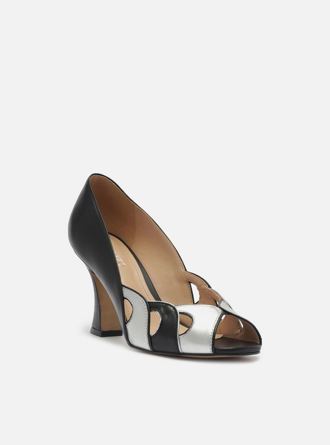 Peep Toe Preto Couro Salto Médio Recortes