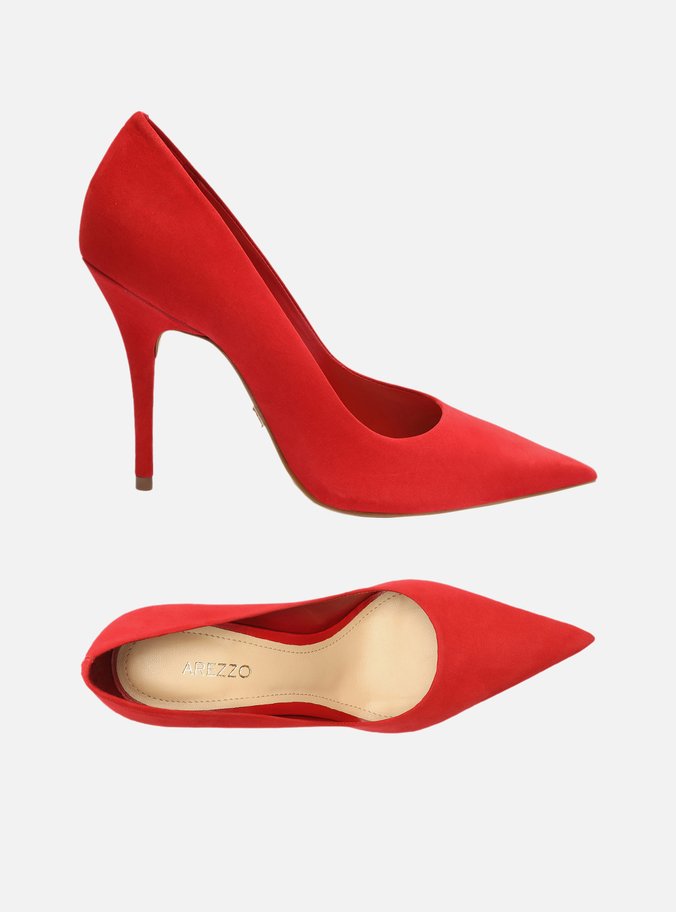 Scarpin Vermelho Nobuck Salto Alto Fino Bico Fino