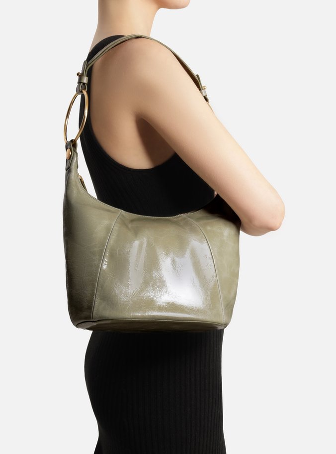 Bolsa Shoulder Verde Couro Média Argolas Alça