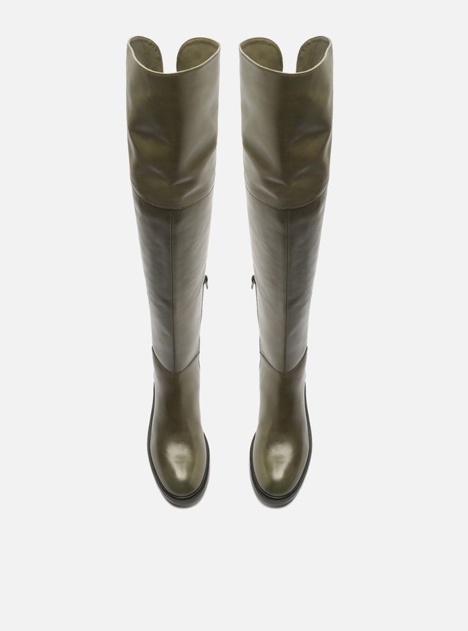 Bota Over The Knee Verde Couro Salto Bloco