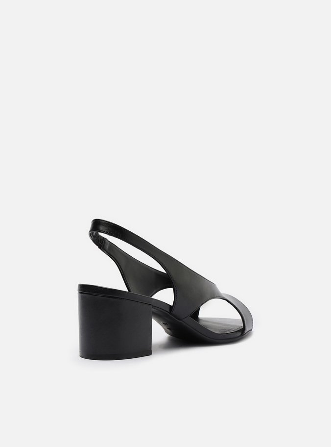 Sandália Preta Couro Bloco Tira Larga Slingback
