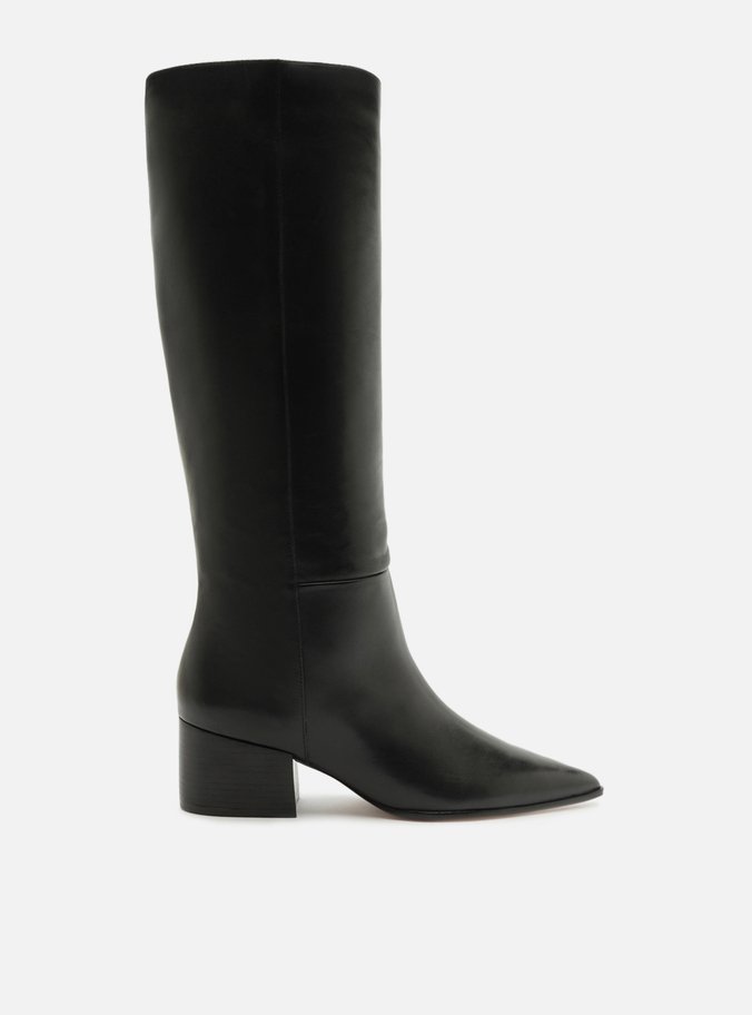 Bota Preta Couro Cano Longo Salto Bloco