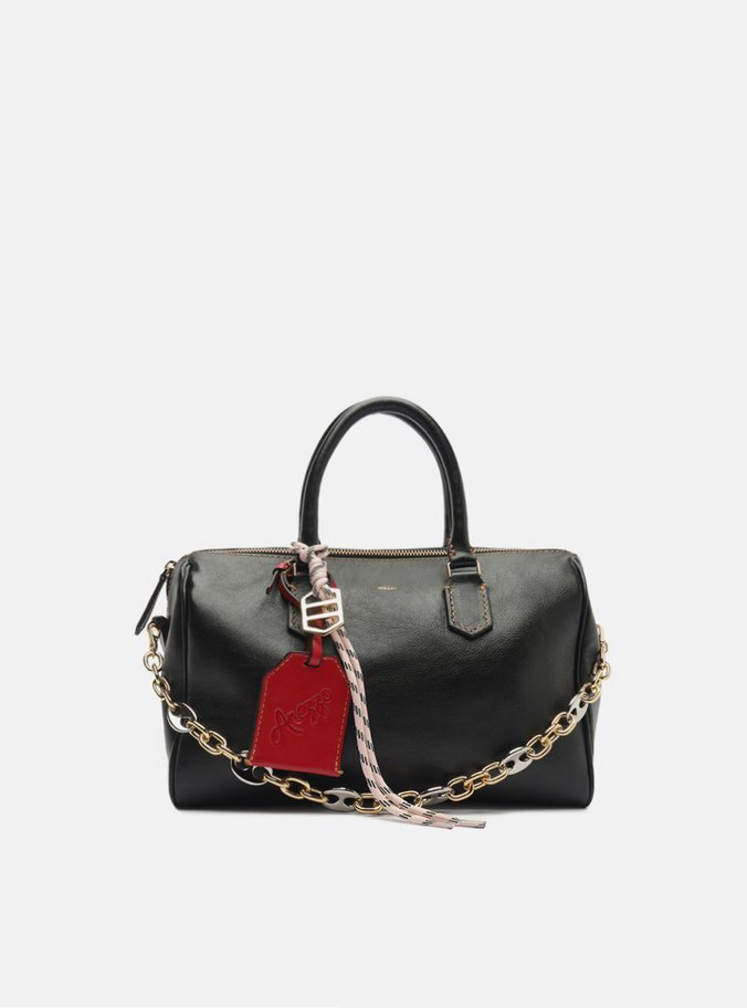 Bolsa Bowling Preta Couro Média Corrente Bag Charm Priscilla