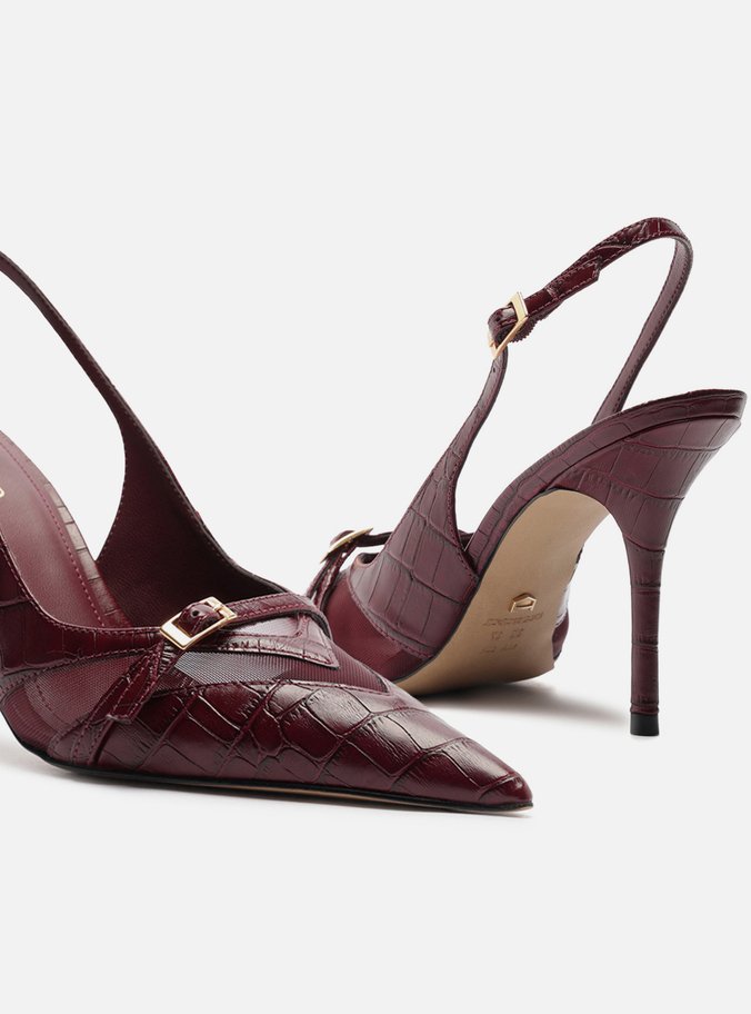 Scarpin Vermelho Croco Salto Alto Slingback Tela
