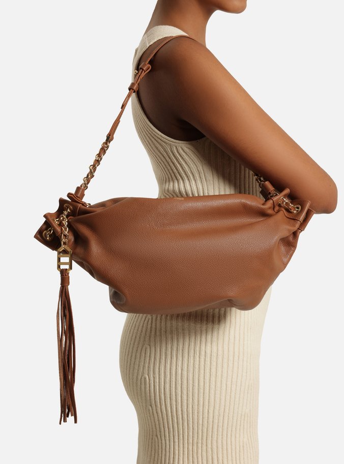 Bolsa Shoulder Marrom Couro Grande Franzido