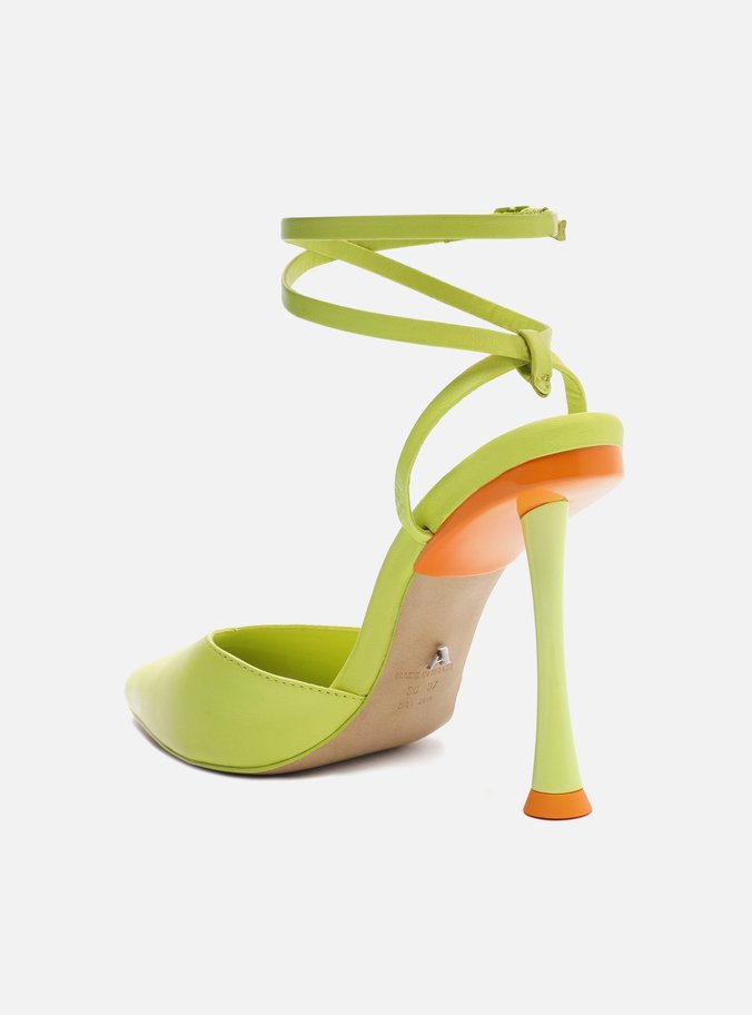 Scarpin Verde Lima Couro Bico Fino Tiras Estampado