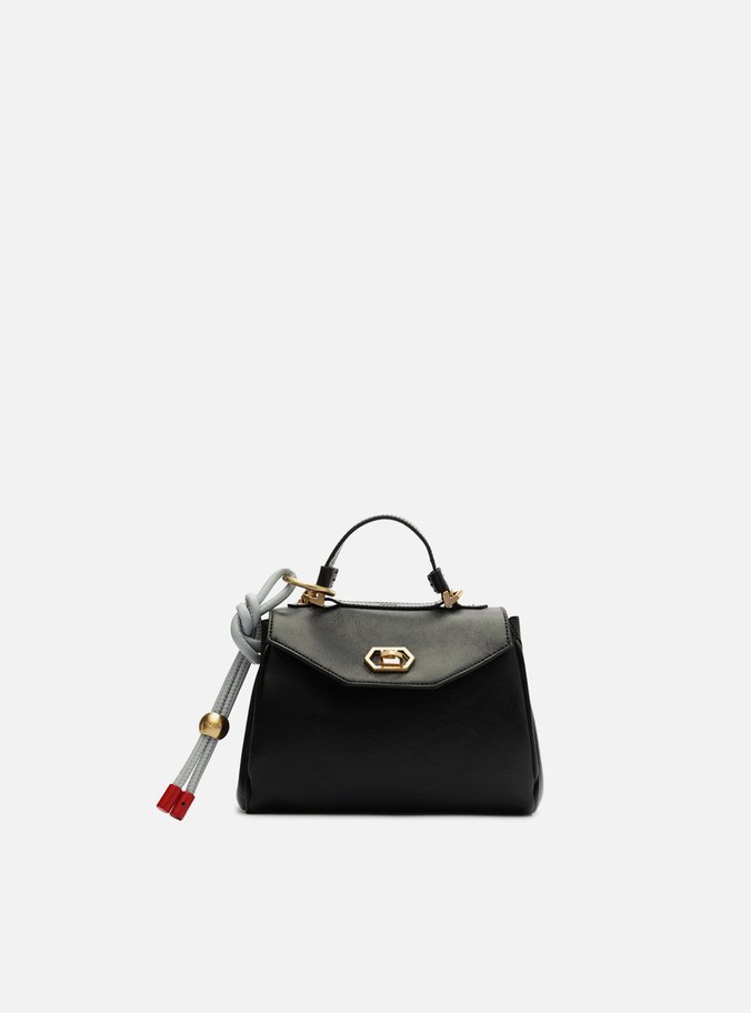 Bolsa Satchel Preta Couro Pequena Bag Charm Nó