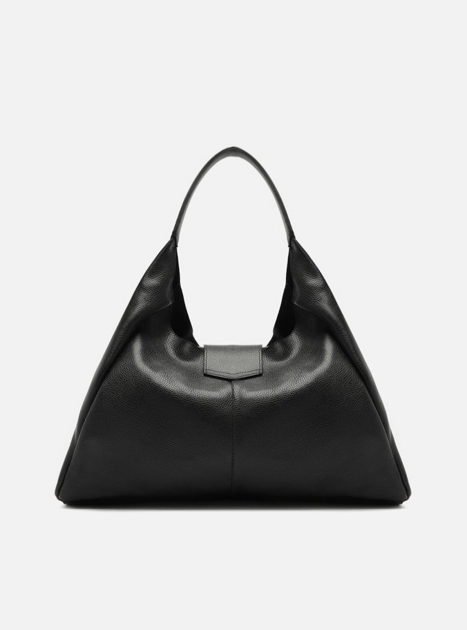 Bolsa Hobo Preta Couro Grande Lapela