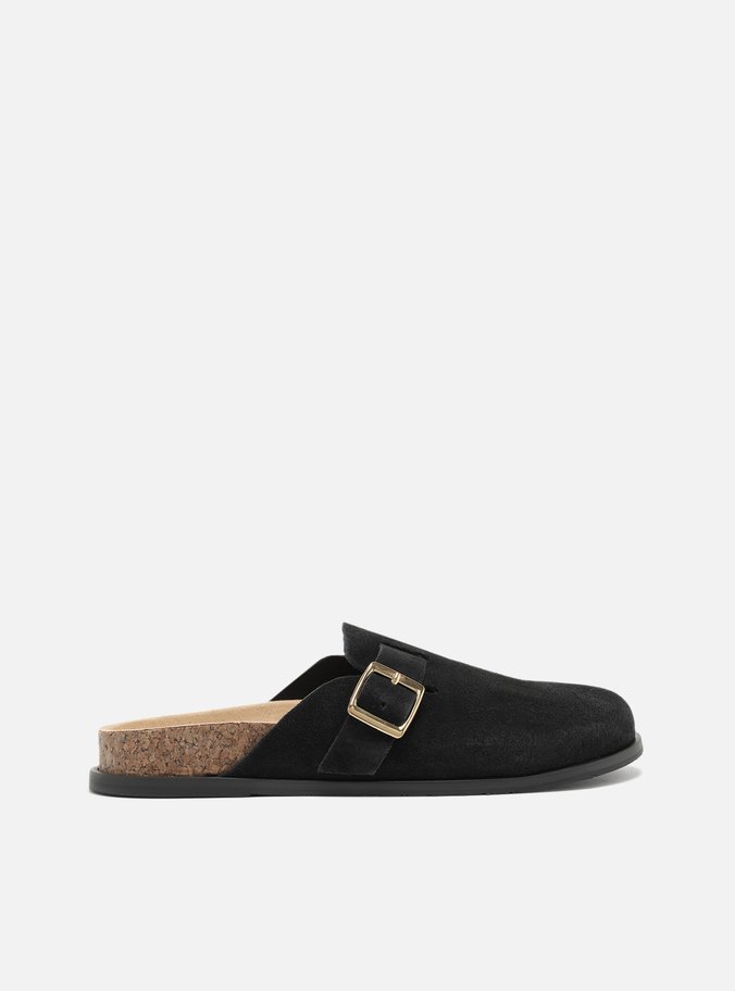 Clog Sabot Preta Camurça Rasteira Fivela