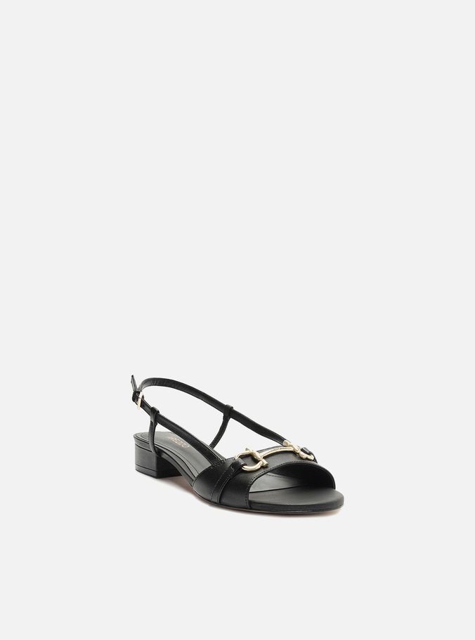 Sandália Preta Couro Salto Baixo Slingback Bridão