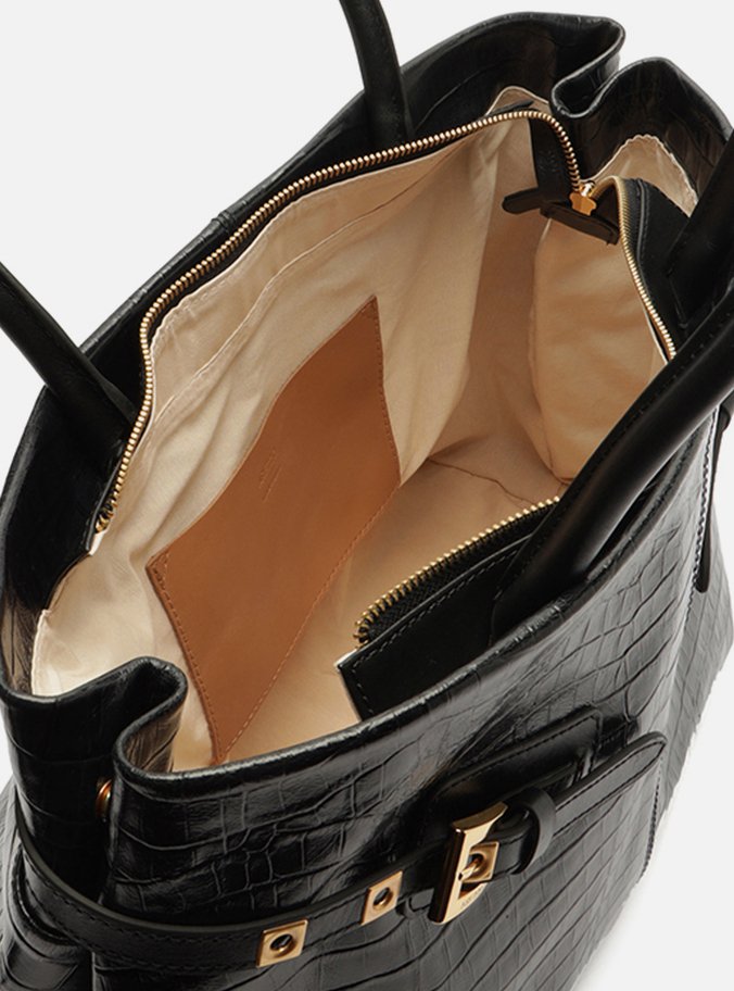 Bolsa Shopping Preta Couro Croco Grande Fivelas