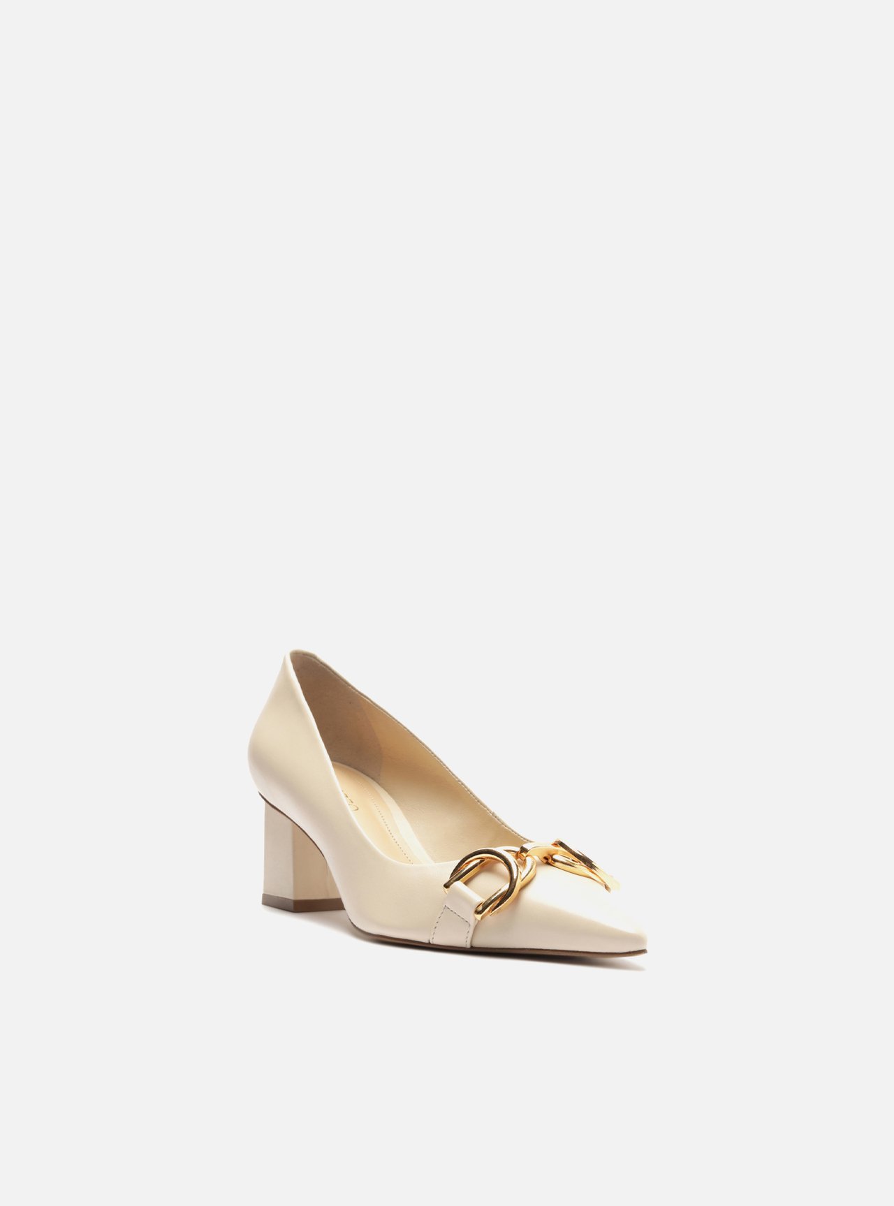 Scarpin Off White Couro Salto Bloco Metais — foto 2