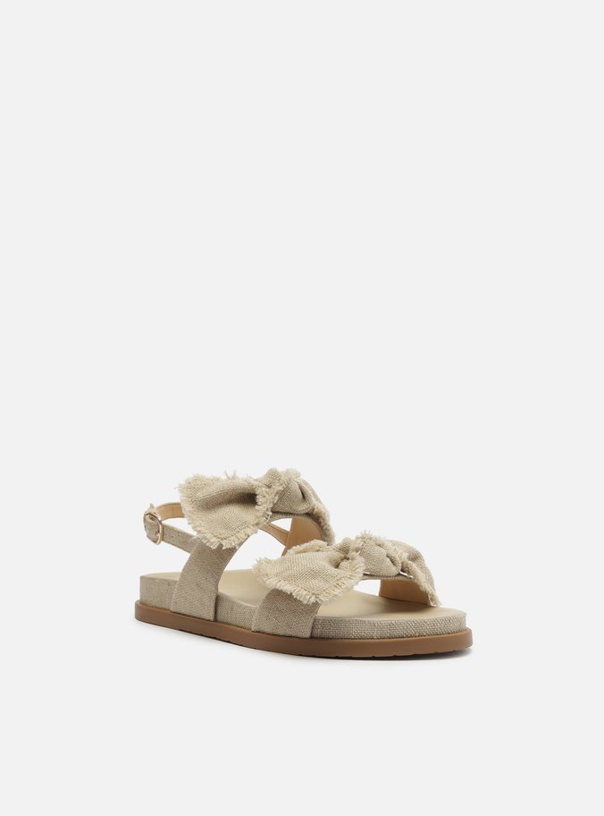 Sandália Rasteira Nude Linho Flatform Laços