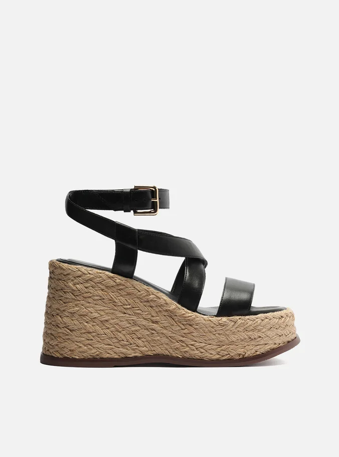 Sandália Preta Couro Salto Anabela Tiras Largas