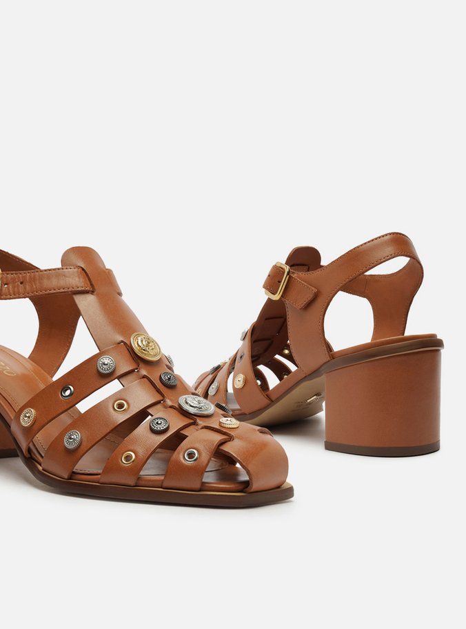 Sandália Marrom Couro Bloco Huarache Metal