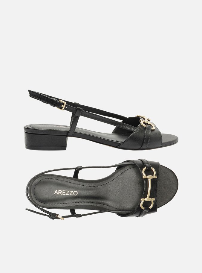 Sandália Preta Couro Salto Baixo Slingback Bridão