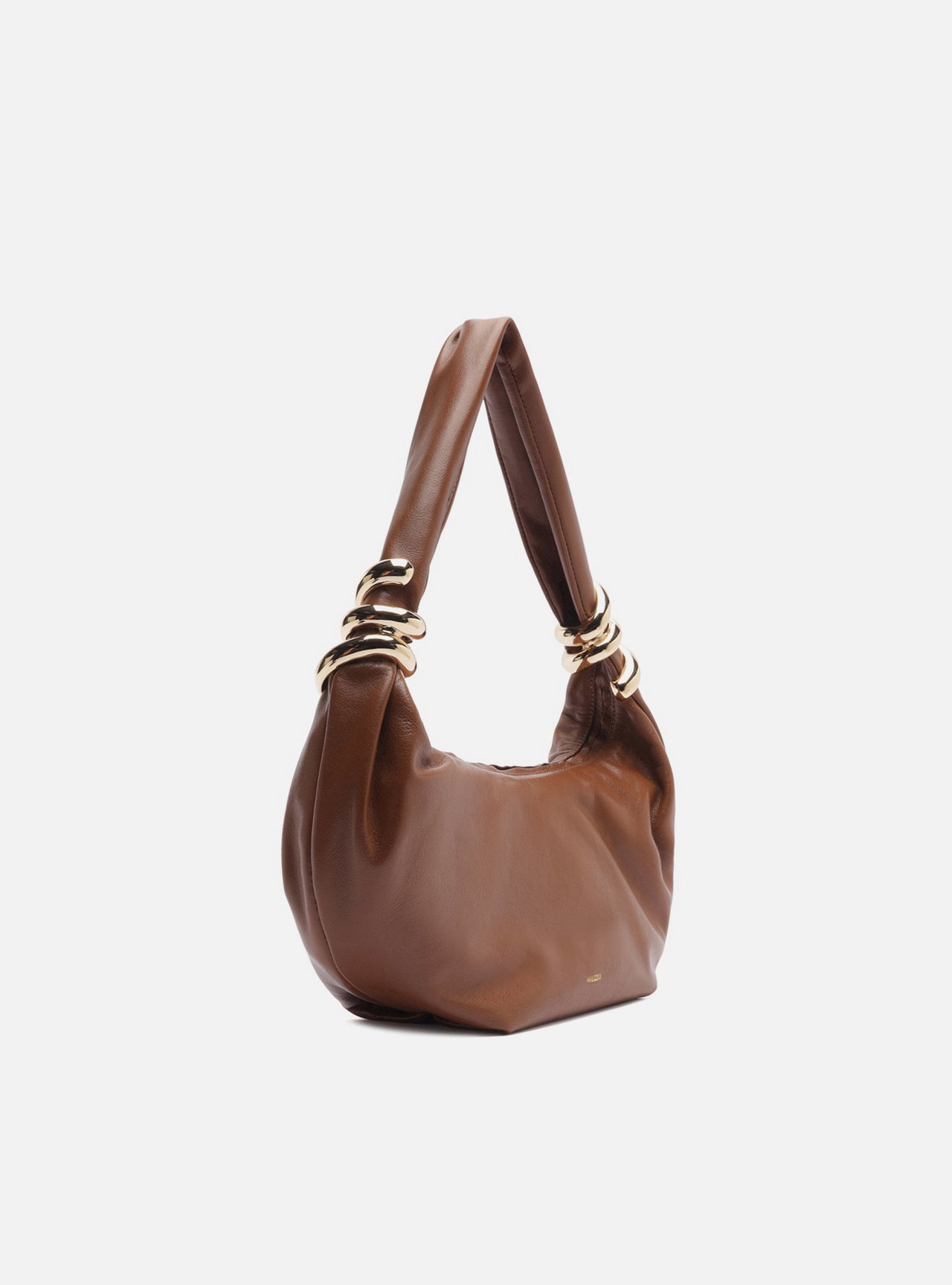 Bolsa Hobo Marrom Couro Média Argolas Douradas — foto 5