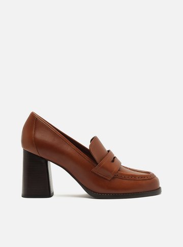 Loafer Caramelo Couro Salto Bloco Tira