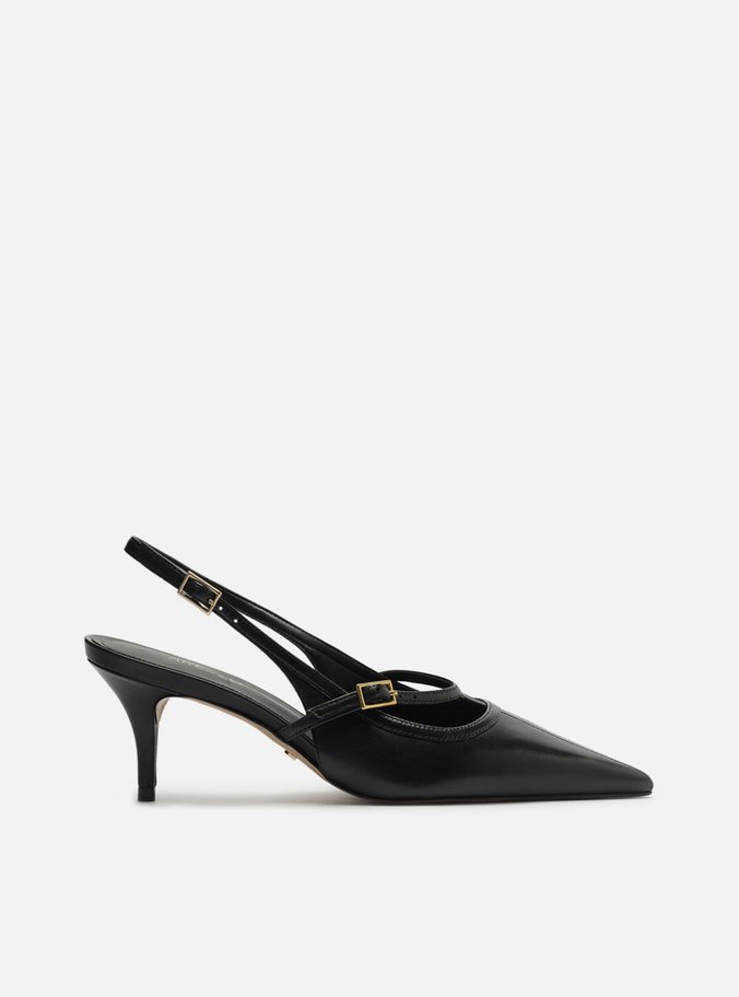 Scarpin Preto Couro Salto Fino Slingback