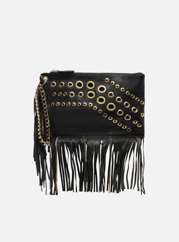 Clutch Preta Couro Média Franjas Ilhoses
