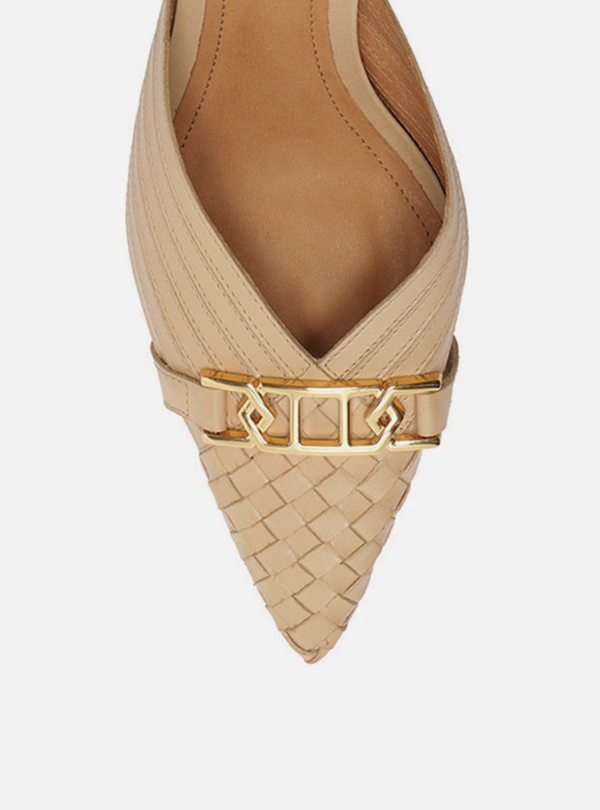 Mule Nude Couro Bico Fino Slingback Metal
