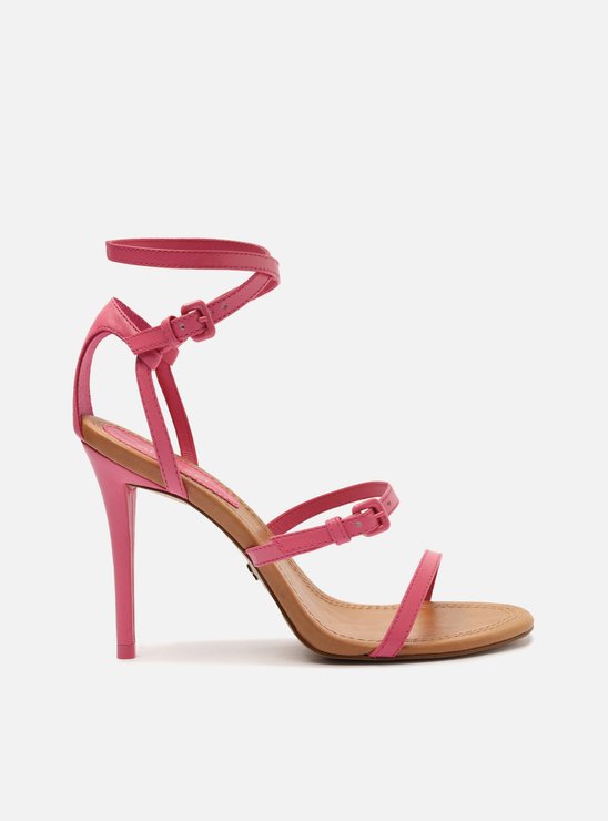Sandália Rosa Couro Salto Fino Tiras Cruzadas