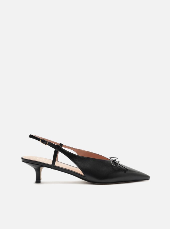 Scarpin Preto Couro Bico Fino Slingback Laço