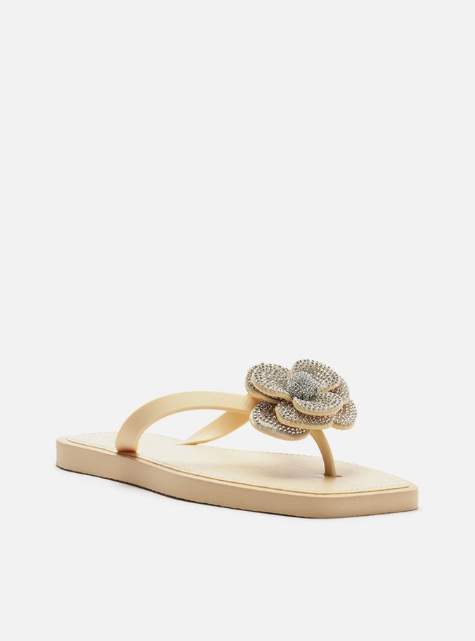 Chinelo de Dedo Bege Recouro Square Flor Strass