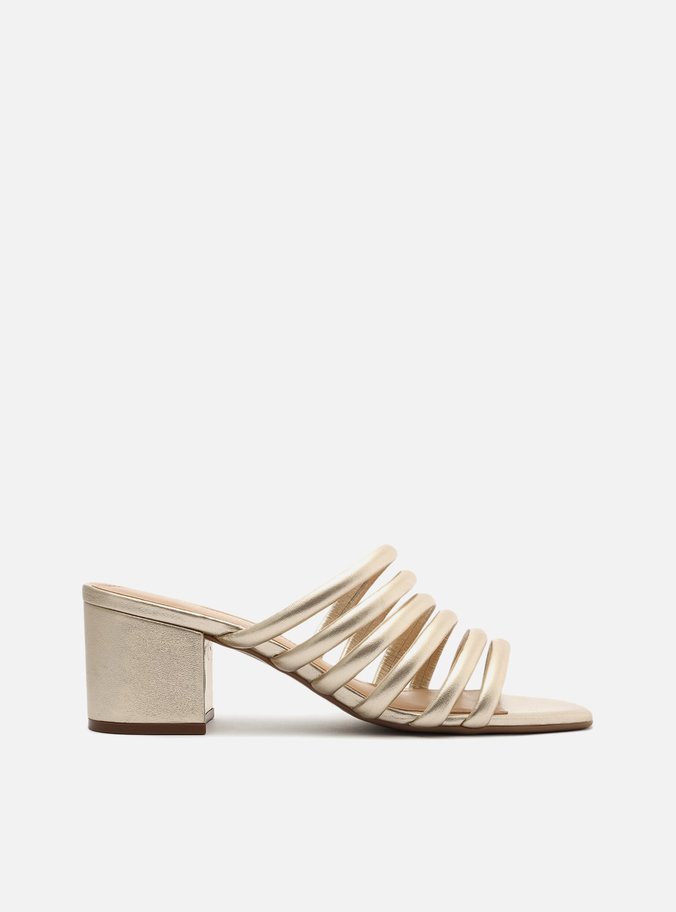 Mule Dourada Bloco Bico Quadrado Tiras