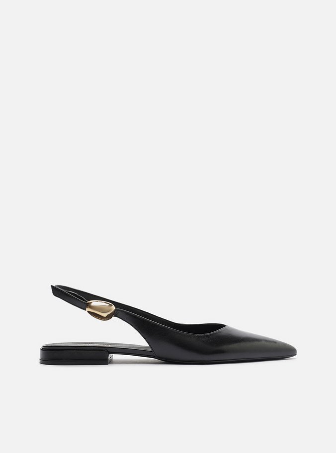 Sapatilha Preta Couro Slingback Metal Bold
