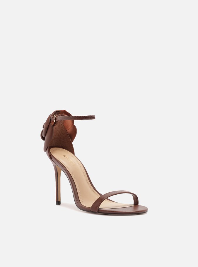 Sandália Marrom Couro Salto Fino Maxi Flor