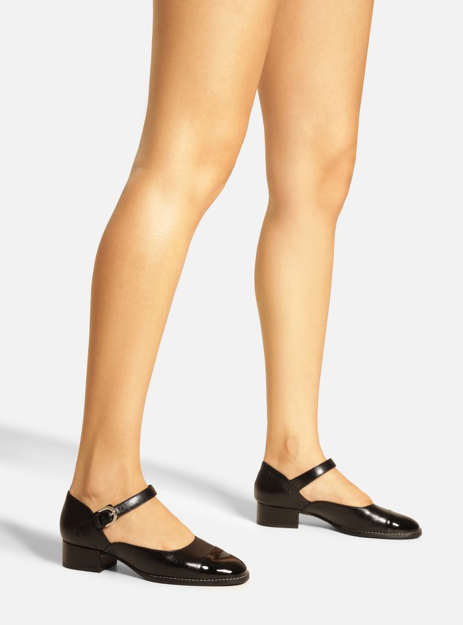 Sapato Boneca Preto Couro Bloco Cap Toe
