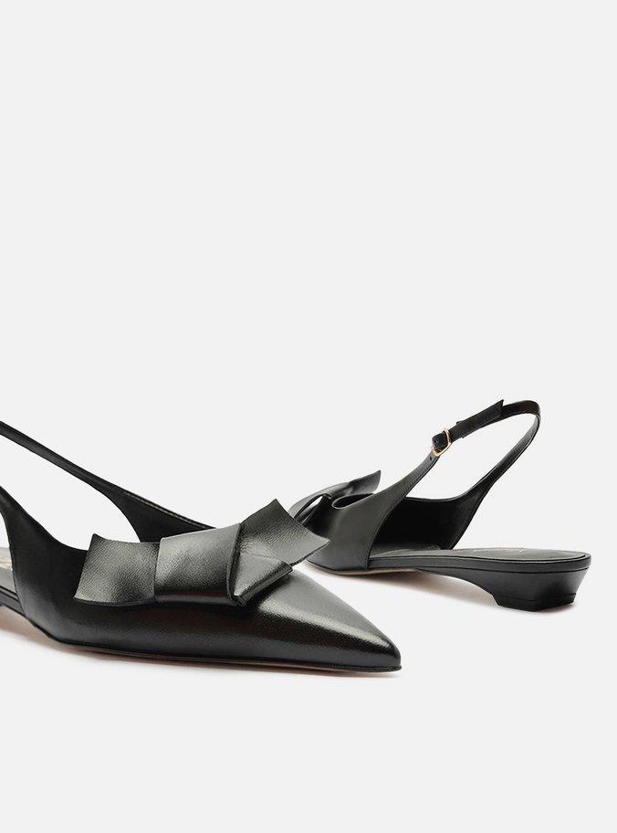 Sapatilha Preta Couro Bico Fino Slingback Laço