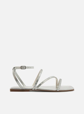 Sandália Rasteira Prata Tiras Aplicações