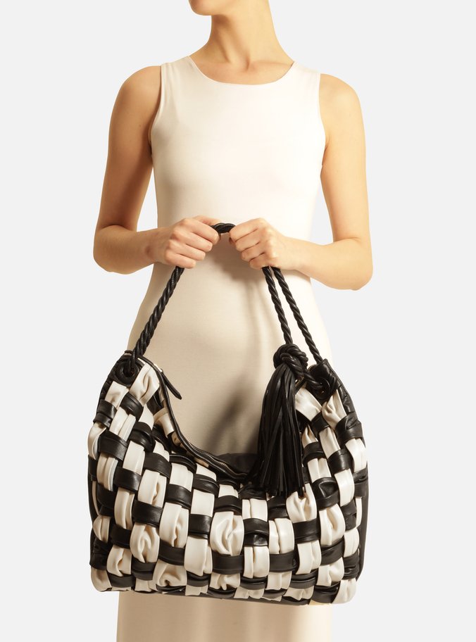 Bolsa Hobo Preta Couro Grande Tressê Bicolor
