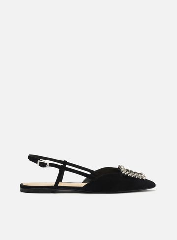 Sapatilha Preta Nobuck Bico Fino Slingback Pedraria
