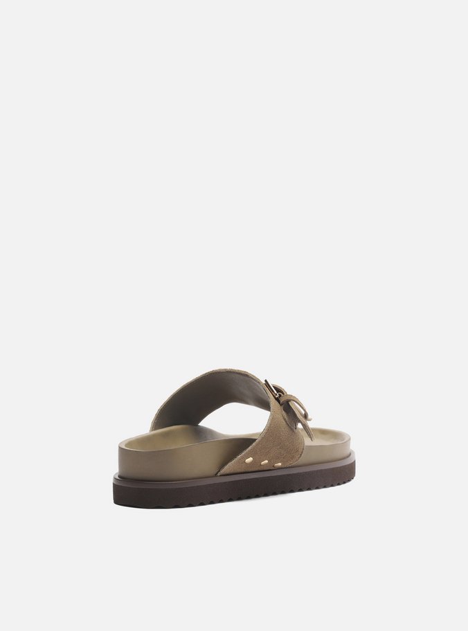 Sandália Papete Verde Suede Tira Fivela