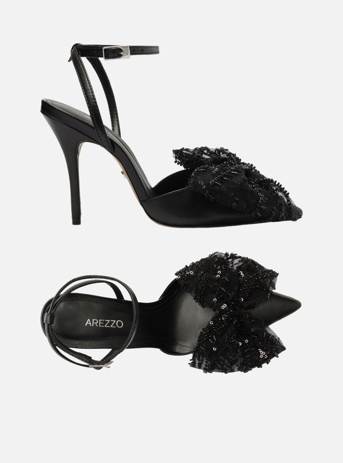 Scarpin Preto Couro Salto Alto Laço Paetês