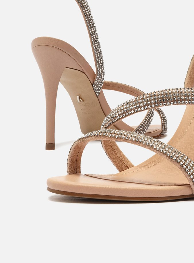 Sandália Bege Salto Fino Espiral Strass Glam