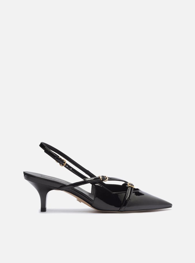 Scarpin Preto Verniz Salto Médio Slingback Amélia