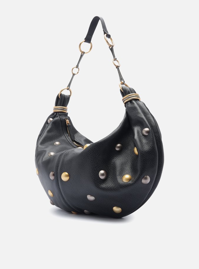 Bolsa Hobo Preta Couro Grande Esferas
