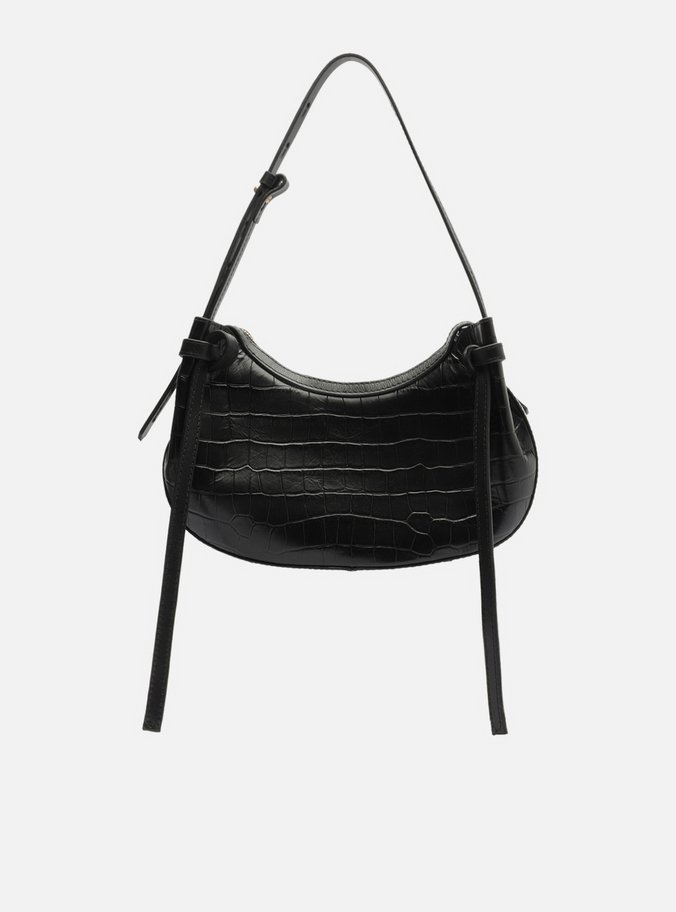 Bolsa Tiracolo Preta Couro Croco Média