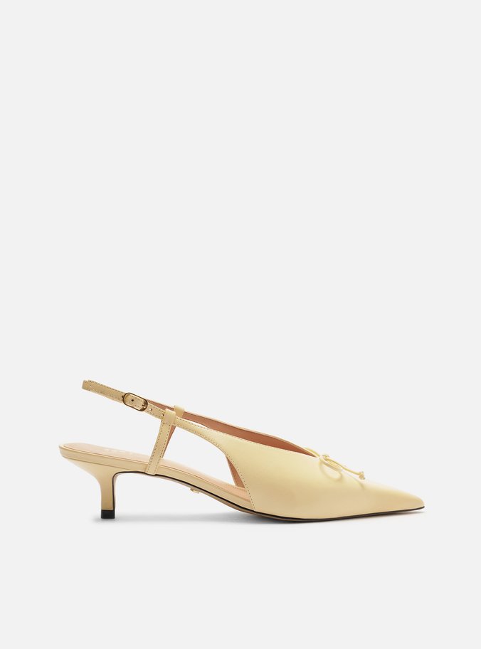 Scarpin Amarelo Couro Bico Fino Slingback Laço
