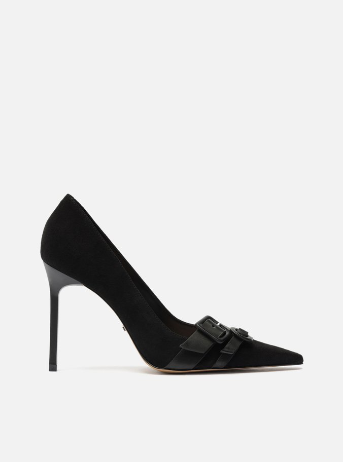 Scarpin Preto Nobuck Bico Fino Fivelas