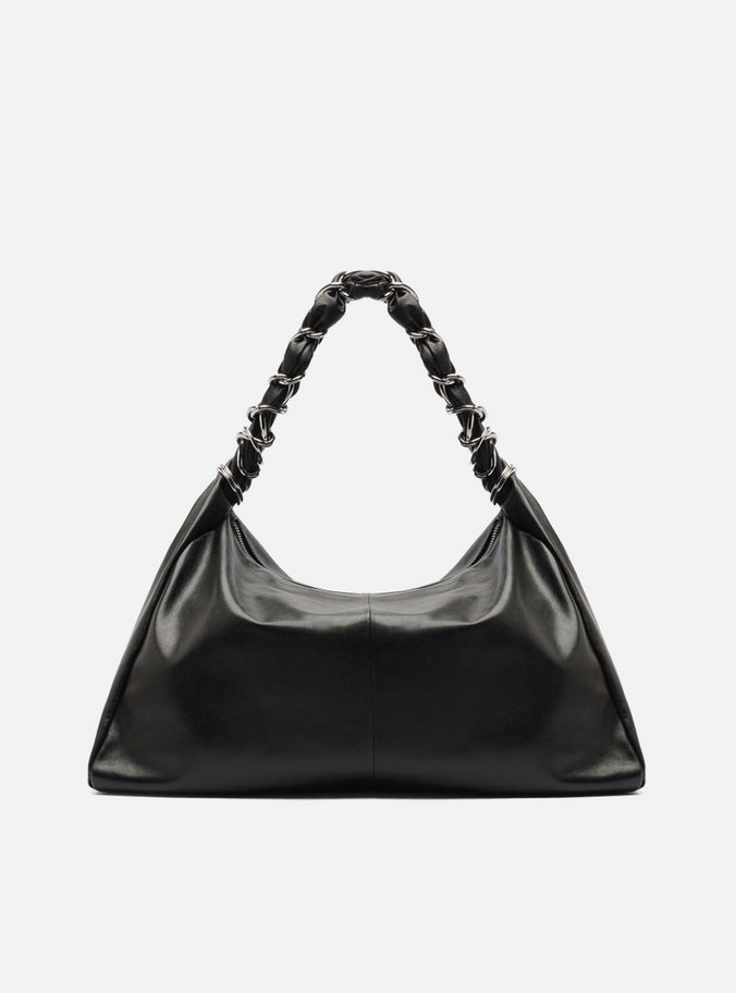 Bolsa Shopping Preta Couro Grande Alça Metais TIG