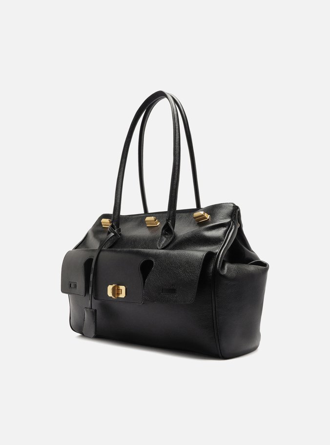 Bolsa Shopping Preta Couro Grande Bolso Recortes