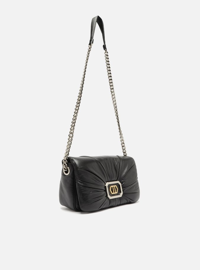 Bolsa Tiracolo Preta Couro Grande ID Bimetal