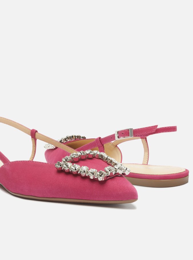 Sapatilha Rosa Nobuck Bico Fino Slingback Pedraria