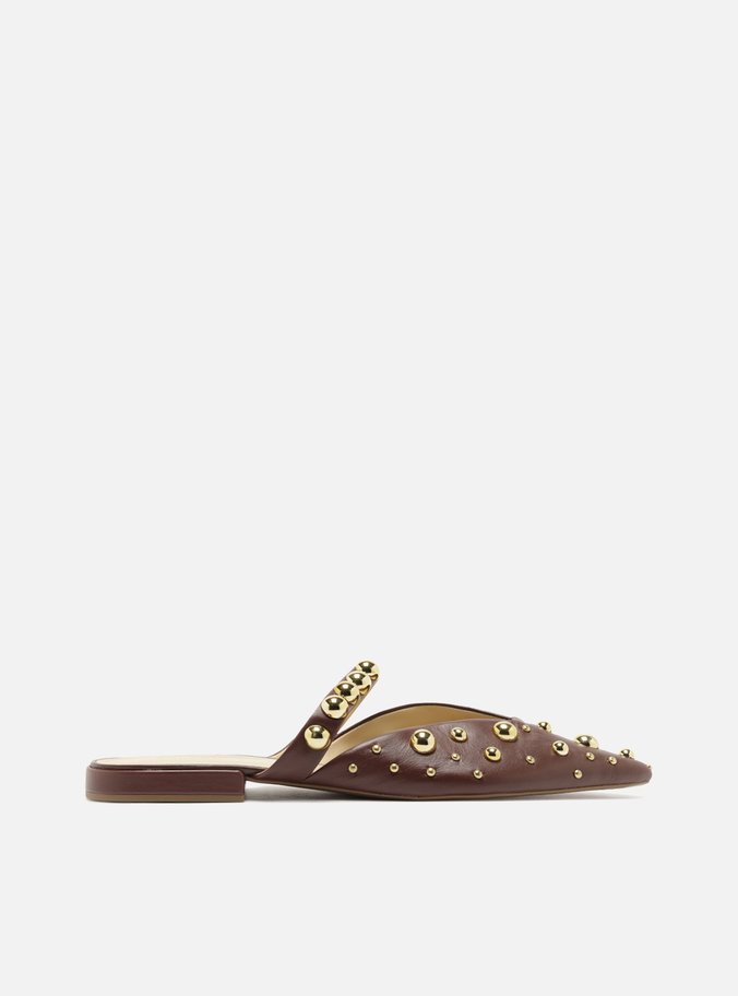 Mule Vermelha Couro Fechada Tachas